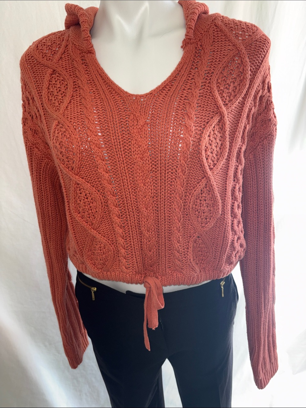 Aeropostale Women's Cable Knit Hooded Sweater - Rust